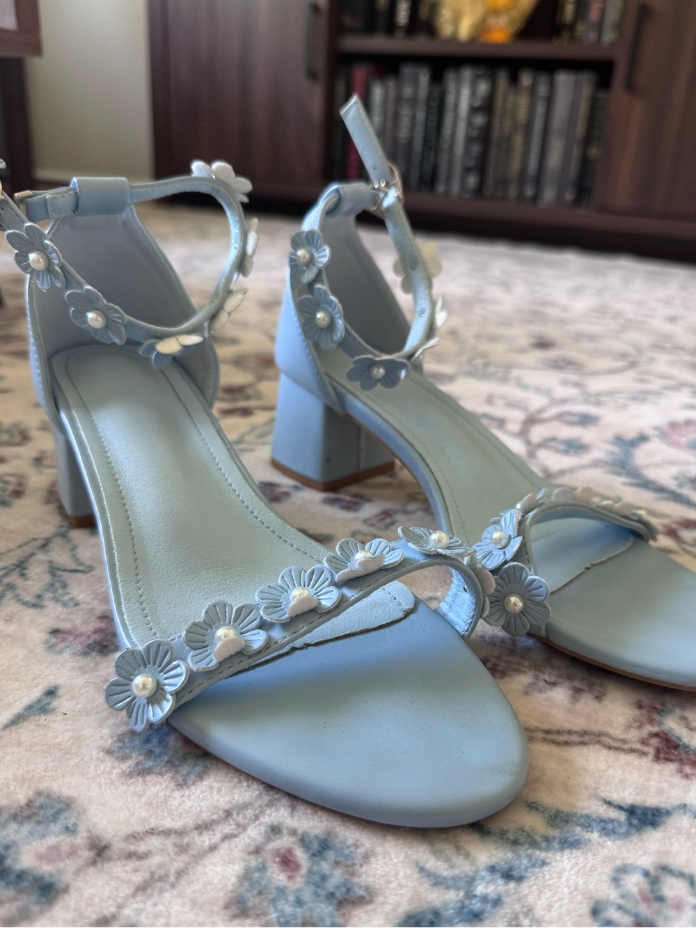 Light Blue Floral Pearl Ankle-Strap Block Heels